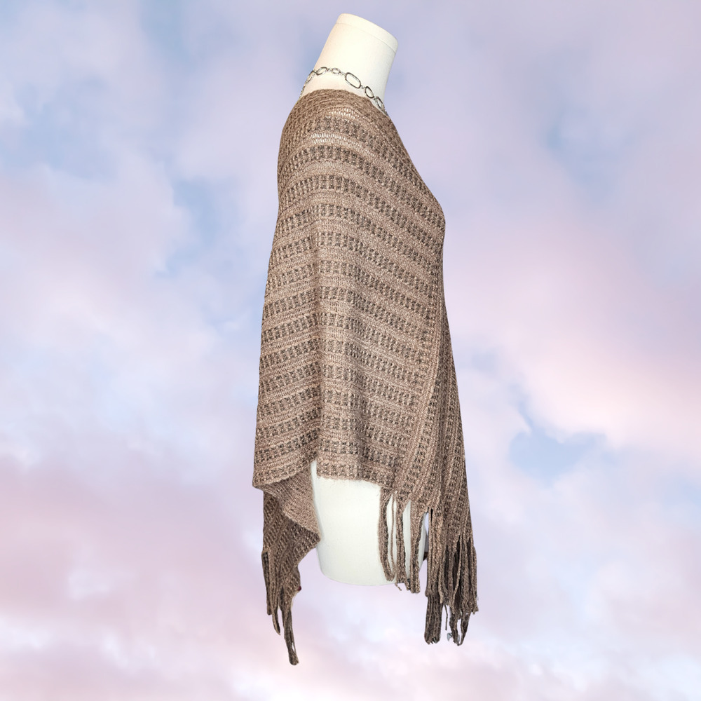 Brown Taupe Knitted Soft Fuzzy Cover Up Warm Boho Hippie Festival Fringe Poncho - Picture 4 of 5